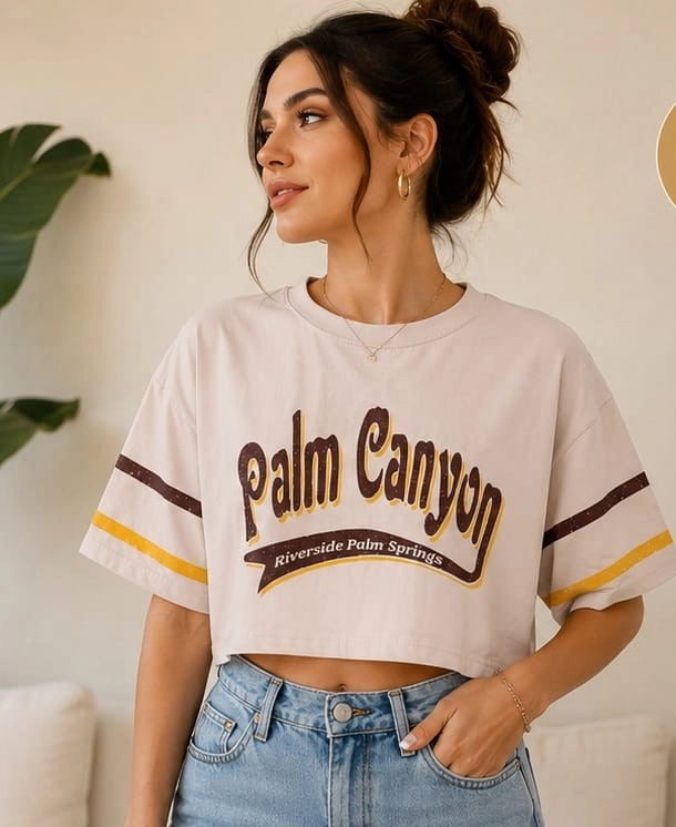 Palm Canyon Baskılı Oversize Crop Tişört - Kısa Kollu Kadın Tişört Krem