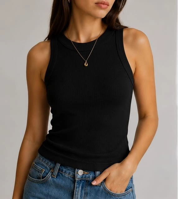 Kadın siyah Fitilli Halter Yaka Bluz Atlet Body Sıfır Kollu