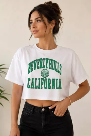Pamuk Beverly Hills California Baskılı Kadın Crop Tişört