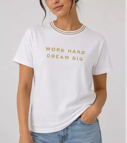 Work Hard Dream Yazılı %100 Pamuk Günlük Tişört