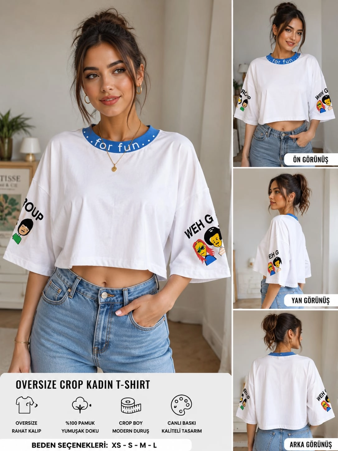 Kadın Oversize Crop Tişört Beyaz Mavi Yaka Baskılı Rahat Kesim Pamuklu T-Shirt