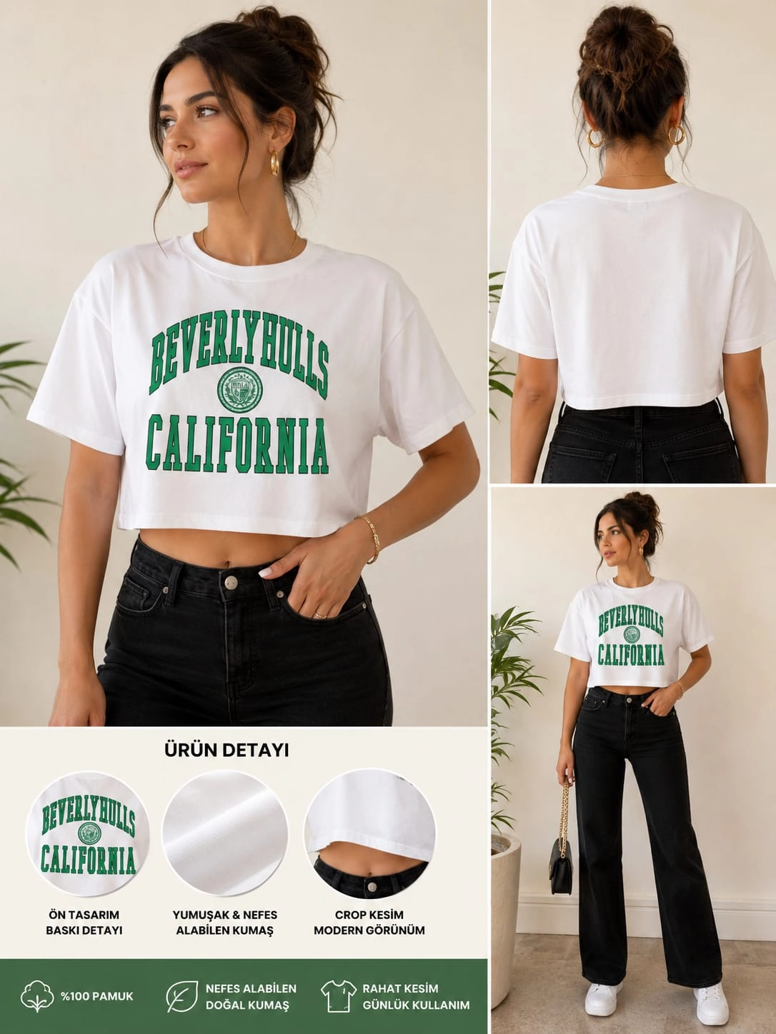 Beverly Hills California Baskılı Kadın Crop Tişört