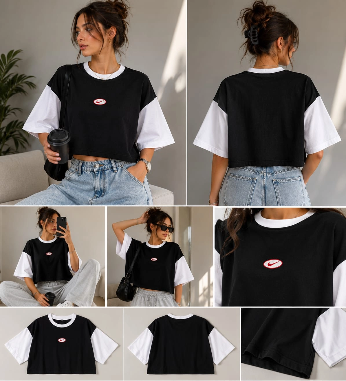 Kadın Oversize Crop Tişört Siyah Beyaz Bisiklet Yaka