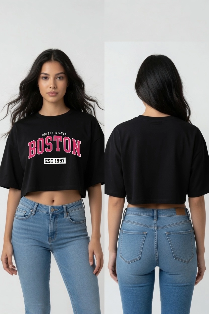 Kadın Siyah Boston Baskılı Crop Tişört