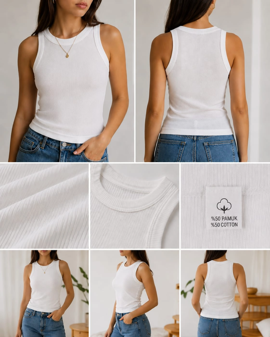 Kadın Fitilli Halter Yaka Bluz Atlet Body Sıfır Kollu 