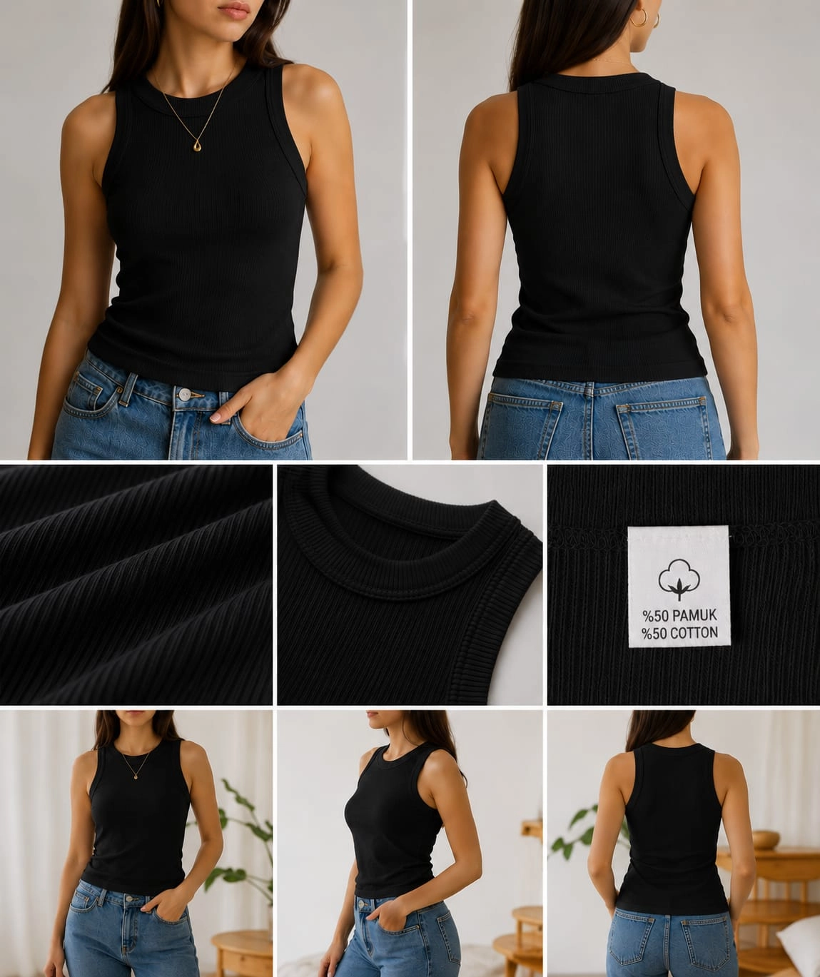 Kadın siyah Fitilli Halter Yaka Bluz Atlet Body Sıfır Kollu