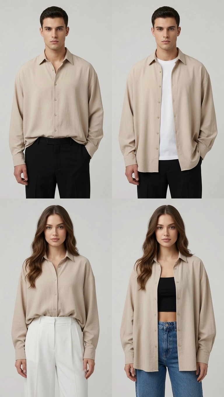 Unisex Siyah Oversize Viskon Gömlek - Ütü Gerektirmeyen Gömlek